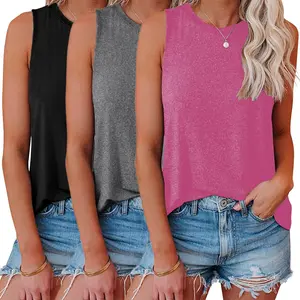 Holafish 3Pcs Summer Tank Tops for Women Plain Round Neck Sleeveles T Shirts Fitted Breathable Workout Racerback Tank Tops Soft Polyester Solid Color