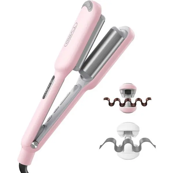 Curling Iron Hair Crimper Waver, TYMO ROVY Beach Waves Hair Curler | Ionic Curling Wand, 3 Barrel Crimper Hair Tool for Women, Dual Voltage, Anti-Scald, Easy to Use, Pink, 1 Inch