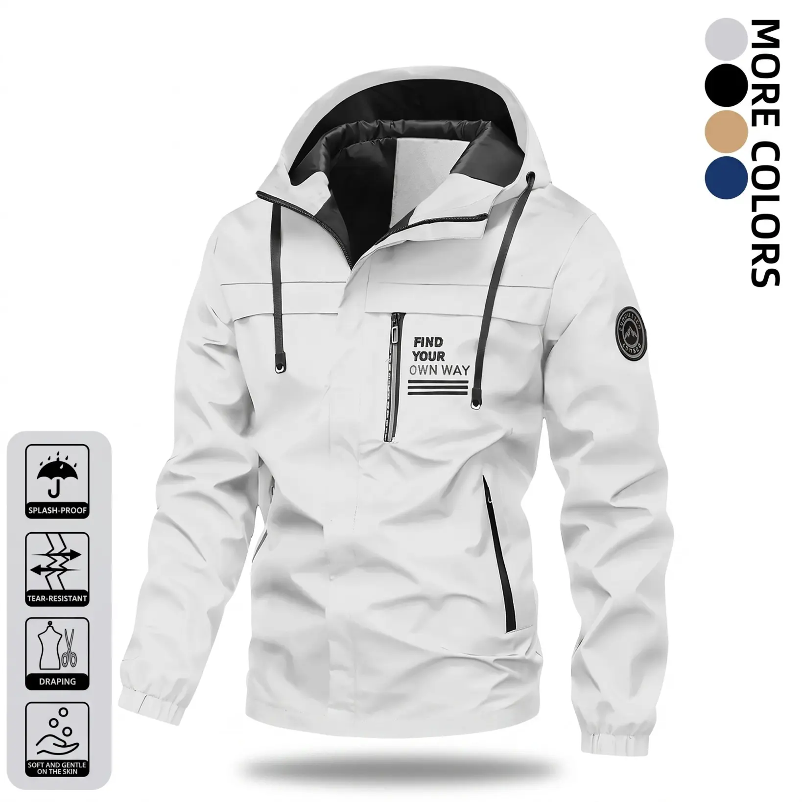 Men’s outdoor windproof hooded jacket, casual sports jacket featuring an adjustable drawstring hood, zippered storage pockets, windproof and wear-resistant fabric, ribbed cuffs, a loose and comfortable fit—ideal for spring and autumn camping, fishing, out