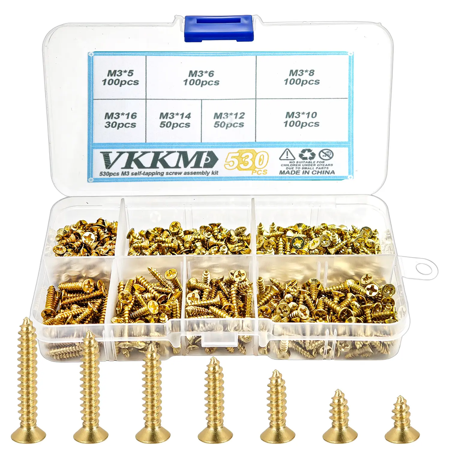 VKKM 530Pcs M3 Gold Self Tapping Wood Screws Assortment Kit, 7 Sizes M3×5/6/8/10/12/14/16mm Phillips Countersunk Head Drywall Screws with Storage Box for Furniture, Woodworking, DIY Projects