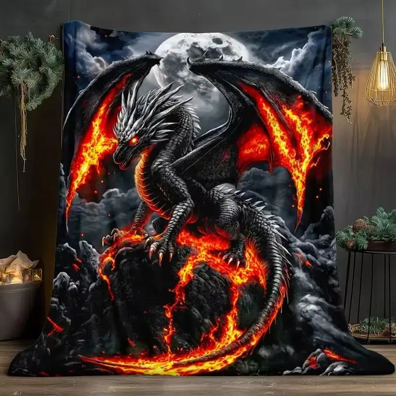Black Fire Dragon Flannel Throw Blanket, Soft Warm Cozy Fantasy Fleece Blanket, Mythical Gothic Decor for Bed Sofa Couch Gaming Room, Unique Birthday Gift For Boys Teens Men Dragon Lovers