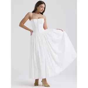 2025 Women's Summer New Socialite Style White Lace Square Neck High Waist Princess Dress Long Dress2025
