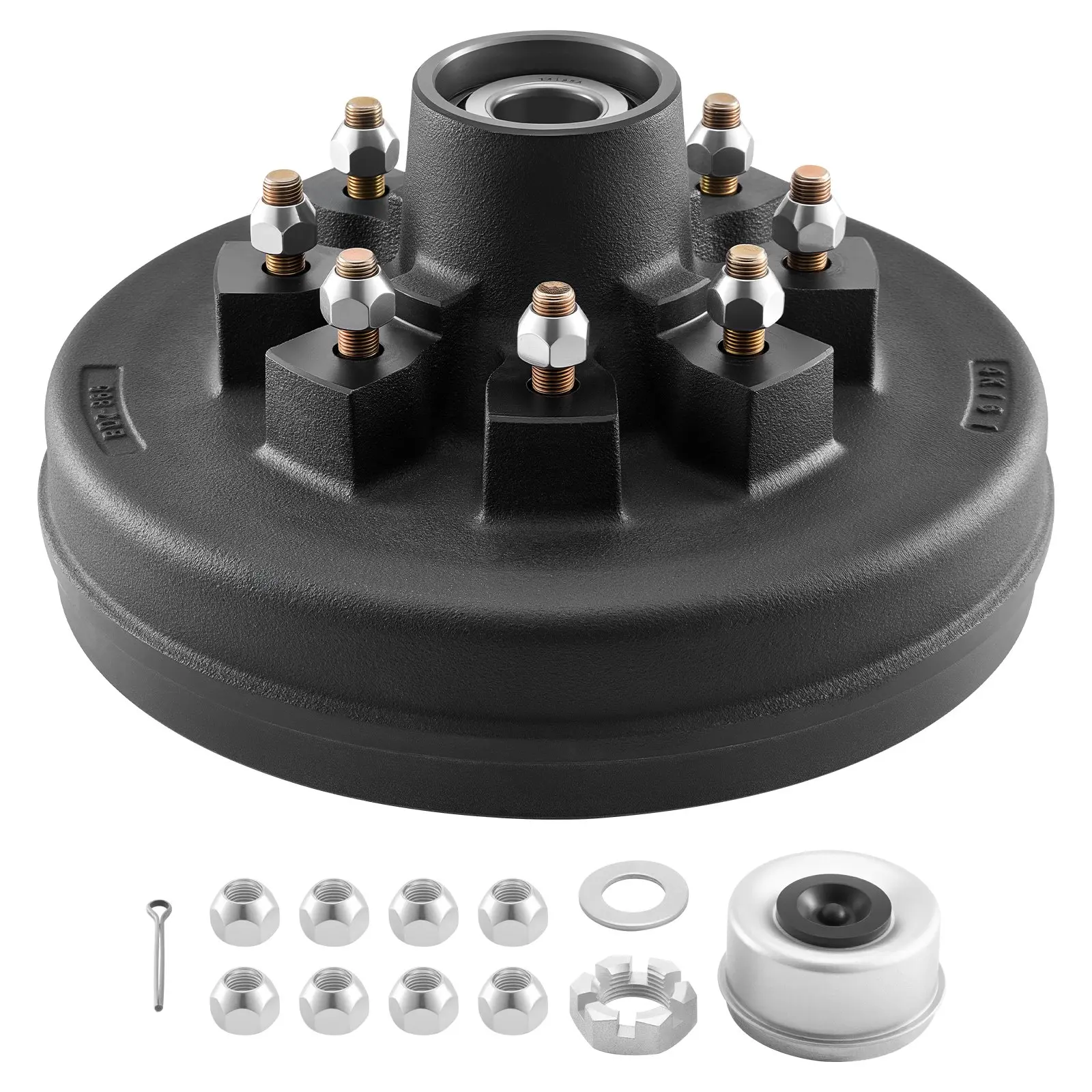 【Summerfinds】VEVOR Cast Iron Electric Trailer Drum Brakes Hub Kit (1 Pack), 12-in Pre-Assembled, 8-Hole on 4-in Bolt Circle, 7/16 Studs, Dust Shield, 7000 lbs Tapered Axles Compatibility, 6.5 in, 12.9 x 6.69 in, 165 mm, Heavy Load Support for Trailers, St