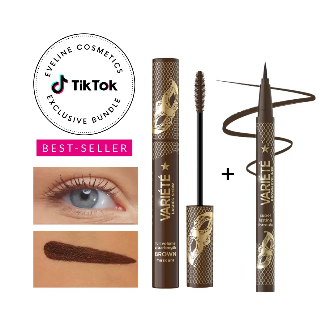 Eveline Cosmetics Brown Volume & Lengthening Mascara + Variete Precision Brown Eyeliner - TikTok Exclusive Bundle