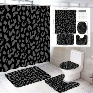 1/4pcs Leopard Print Shower Curtain Set 4-Piece - Black Gray Leopard Pattern Bath Mat Toilet Lid Cover, Rectangular & Oval Mat for Bathroom Decor, Shower Essentials, Perfect for Christmas, New Year, Valentine's Day, Housewarming & Birthday Gift