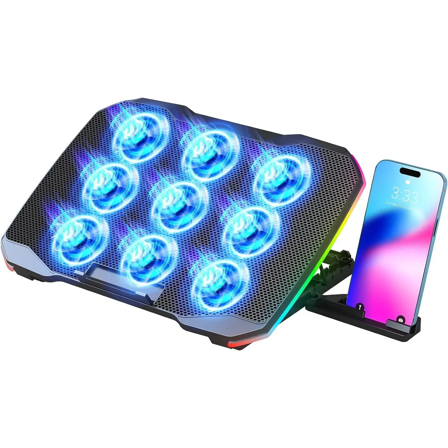 Laptop Cooling Pad, Gaming Laptop Cooler with 9 Quiet Fans, Laptop Cooling Stand for 12-17 Inch, Laptop  Fan with 5 Height Adjustable,2 USB Ports,1 Phone Stand