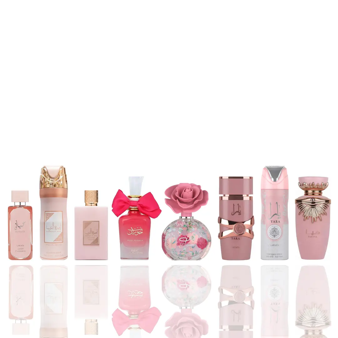 Lattafa 8-Piece Female Fragrances Bundle - Hayaati Florence, Ameerat Al Arab Prive Rose Deodorant, Bint Hooran Rose Passion, Layaan, Yara Elixir, Yara Deodorant, Haya - Indulgent Gourmand Blend, Fruity Musk, Gourmand Fragrance