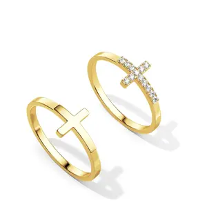 Cross Gold Rings for Women Non Tarnish, Dainty Trendy Stackable Ring Set 14k Gold Plated Thin Cz Cross Finger Ring Simple thumb Rings for women Gold Jewelry Size 6-9