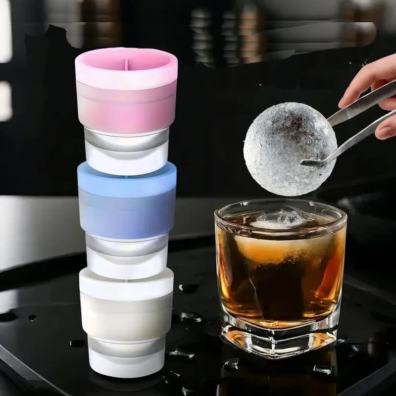 Food-Grade Silicone Ice Ball Molds Set of 3, 2-Inch Round Spherical Ice Cubes for Whiskey Cocktails, Durable Reusable Flexible Molds with Leak-Proof Cover, Compact Stackable Home Kitchen Utensils (Random Color)