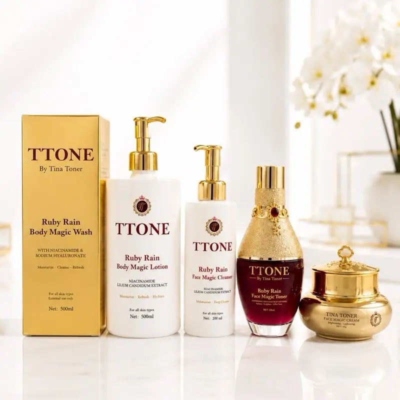 TTONE Ruby Rain 5-Piece Skincare Set – Cleanser, Toner, original Face Cream, Body Wash & Body Lotion (Full Routine Set)5