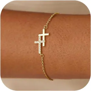 CASSIECA Gold Plated Cross Bracelets for Women 14K Gold Plated Bracelet Cross Tennis Bracelet Stacking Adjustable Cubic Zirconia Chain Bracelets for Women Jewellery Gifts