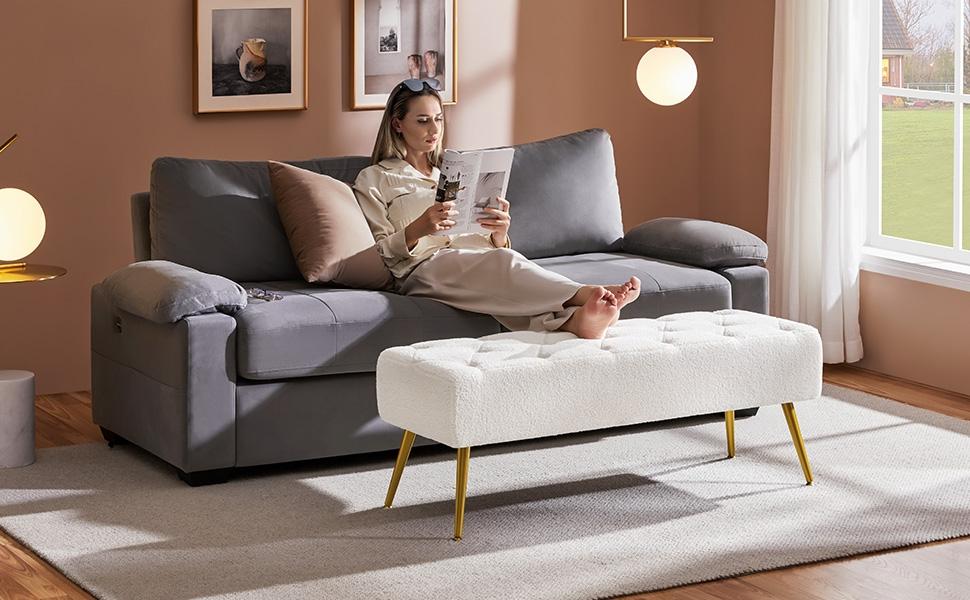 Yaheetech Ottoman Footstool Bench Boucle/Velvet Benches Upholstered Footrest with Gold Metal Legs and Padded Seat for Living Room