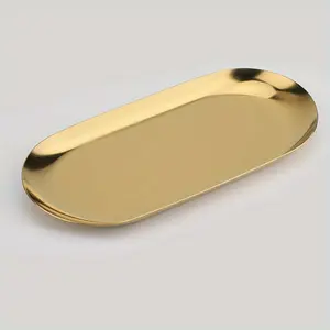 Stainless Steel Decorative Tray, 17.78 cm Long, Jewelry And Cosmetics Organizer for Bathroom Clutter, Small Storage Tray, Oval Shape, Available in Golden And Silver, Bathroom Decorations, Bathroom Counter Organizer