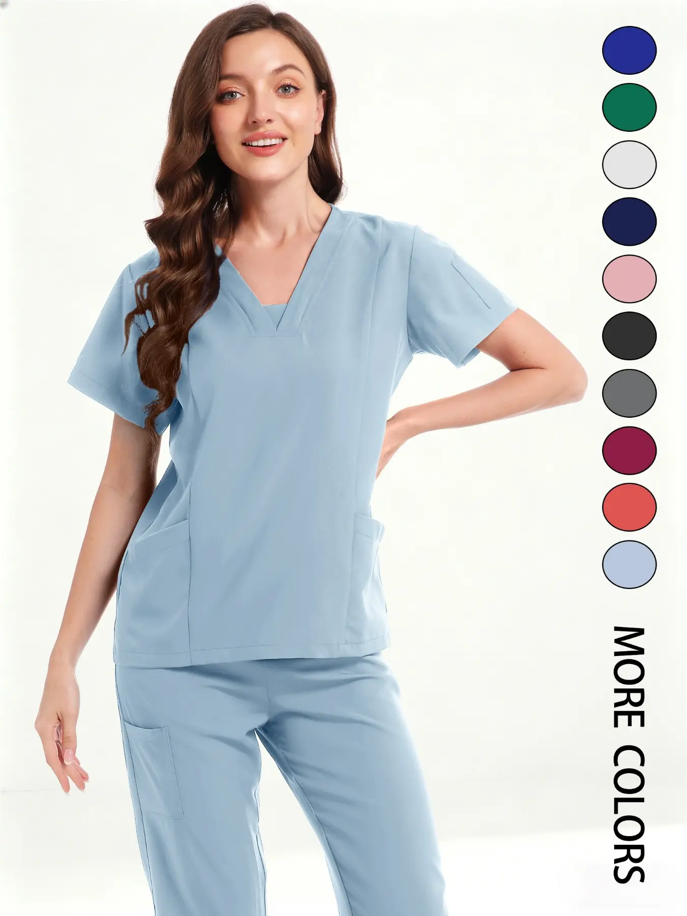 Summer High Elastic Breathable Polyester V-Neck Multi-Pocket Medical Workwear Uniforms Set, Simple Solid Short Sleeve, Suitable for Nurses, Dentists, Spa, Beauty Salons