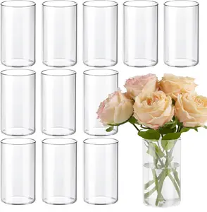 12-Piece Glass Cylinder Vases for Centerpieces, Clear Vases for Wedding Decorations and Indoor Home Decor, 6-Inch Tall Glass Flower Vases, Hurricane Candle Holders for Tables and Shelves.