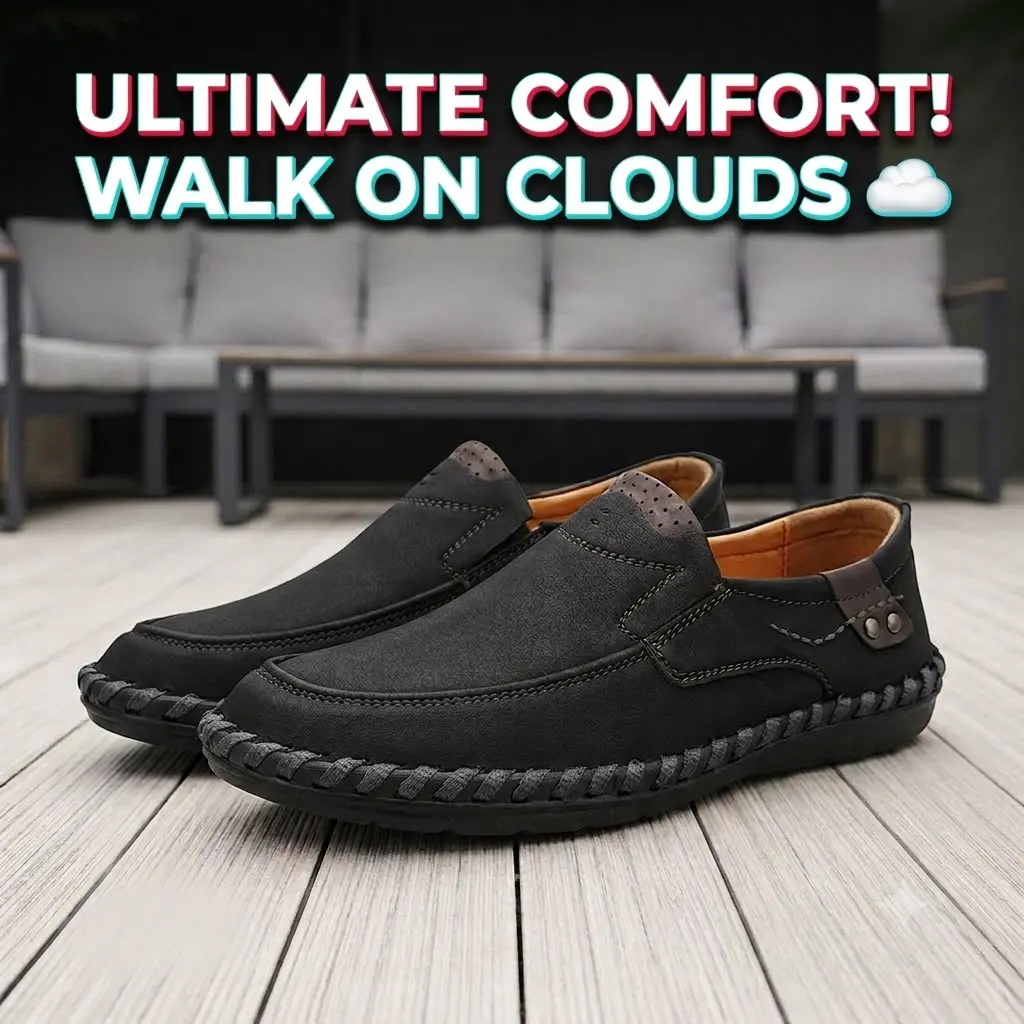 Men’s Leather Flat Loafers - Lightweight Slip-On Soft Footwear, Hand-Stitched Breathable Rubber Walking Driving Shoes, Walking Shoes, Round