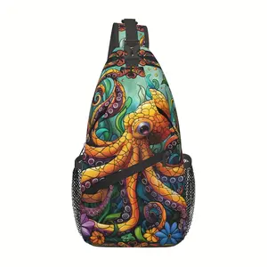 A Stylish And Durable Crossbody Chest Bag Featuring a Cartoon Octopus Among Flowers, Perfect for Hiking And Various Activities. It Has a Large Capacity And Can Be Used for Shopping, Leisure Travel, Beach Outings, Fishing