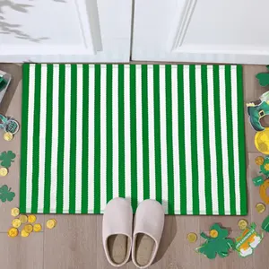 Green & White Striped Outdoor Suitable for St. Patrick's Day, Spring, Easter - Carpet with Backing, Hand Washable Absorbent Mat, Bathroom, - Green White Striped Design