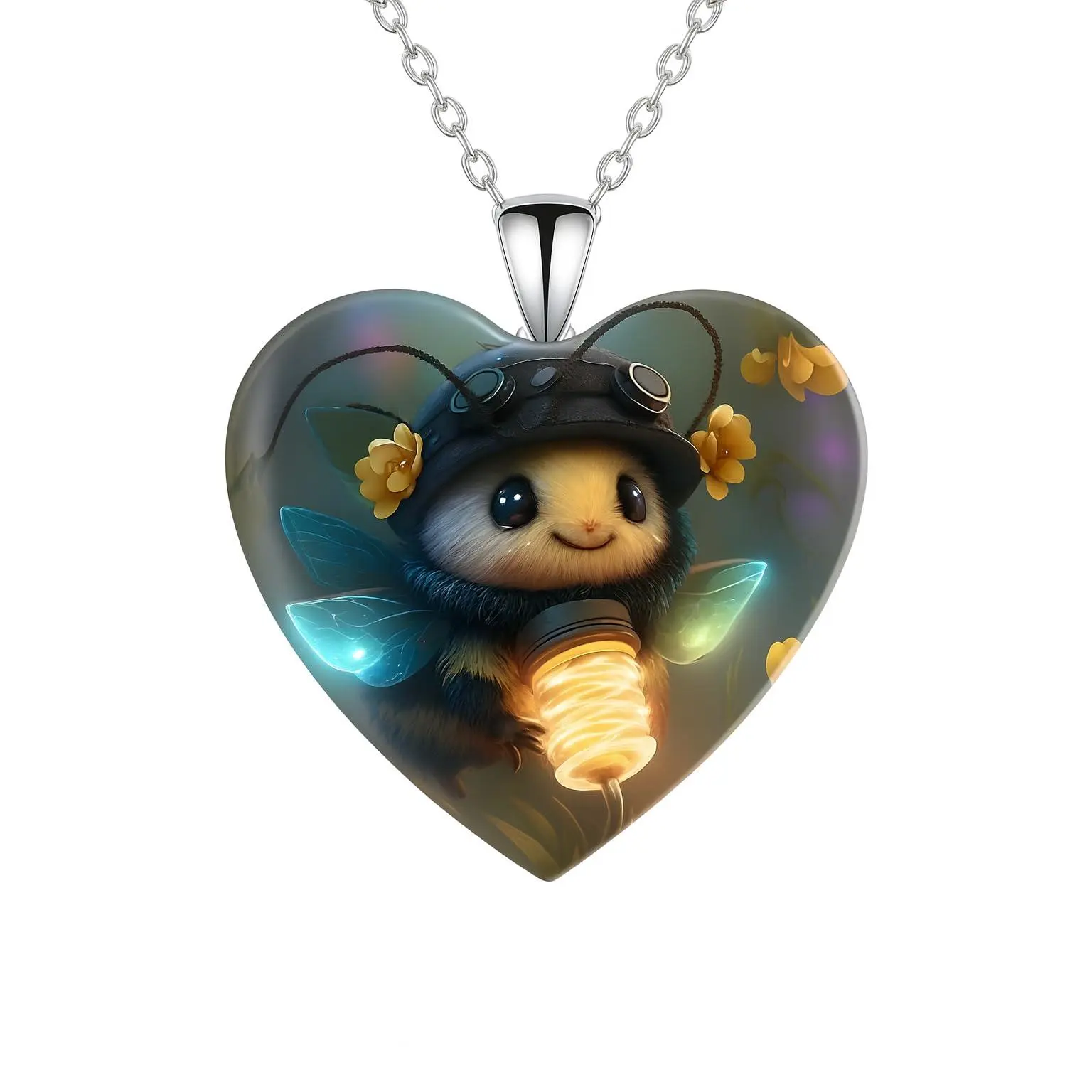Heart Shaped Glowing Bee Pendant Necklace - Whimsical Jewelry, Cute Necklaces, Adorable Bee Design, Glowing Honeycomb Animal Theme Costume Accessory
