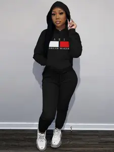 Women's Letter Print Drawstring Pocket Hoodie & Sweatpants Two-piece Set, Casual Long Sleeve Hooded Sweatshirt & Jogger Pants, Ladies Fall & Winter Clothes, Casual Matching Set