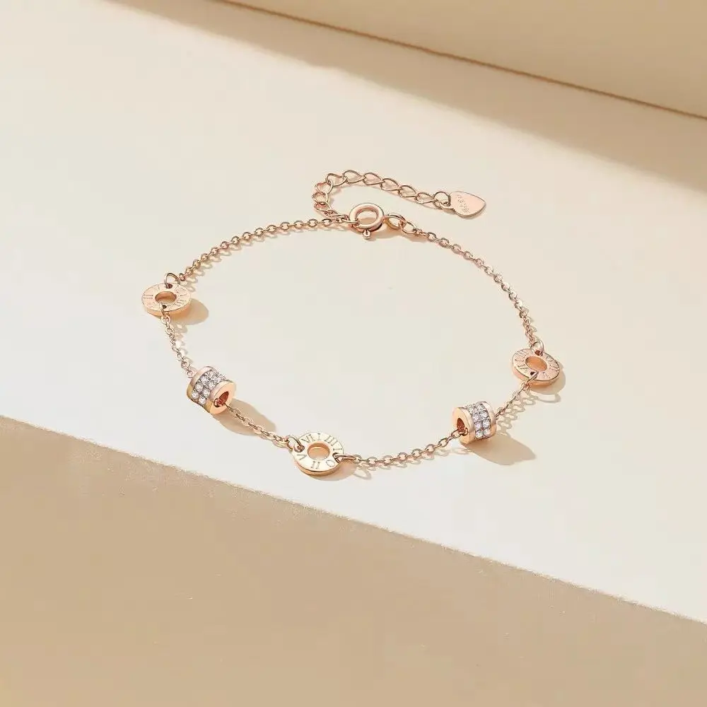 Rose Gold Tone Bracelet for Women, Dainty Adjustable Chain with Roman Numeral Disc and Cubic Zirconia Small Waist Charm, Minimalist Jewelry, Jewelry Stack, Wrist Stack, Gold Aesthetic, Bling Effect