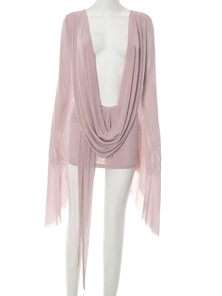 Sexy Women's Blush Pink Deep Plunge Draped Mini Dress - Stretchy Soft  Fabric, Flared Sleeves, Adjustable Fit,