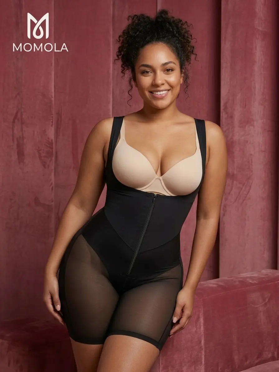Plus Size Open-Bust Shapewear Bodysuit, Seamless Tummy Control with Front Zipper, Smooth Mid-Thigh Butt Lifter for Postpartum & Everyday Wear, Style, Fabrics, Sheer, Breathable, Bodysuit For Women, Lightweight, Open Bust U-Shaped, Waist Training, Basic