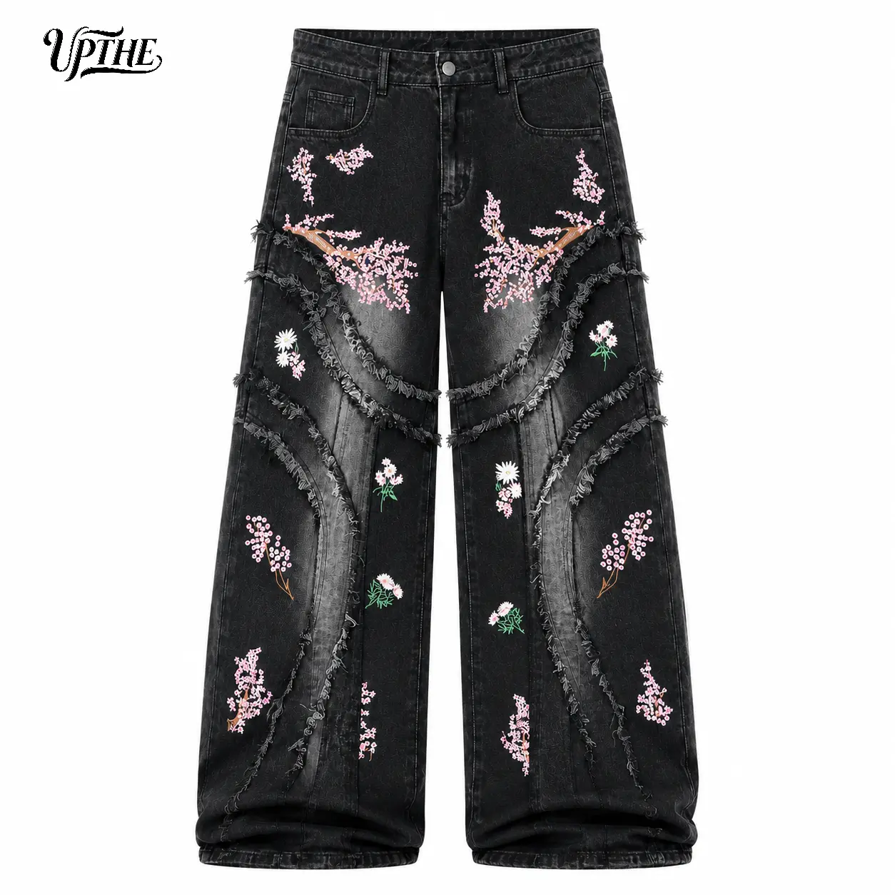 UP.THE Layered Curly Raw Frayed Patchwork Sakura Floral Embroidery Oversized Wide Leg Baggy Black Jeans Men Vintage Washed Stacked Denim Pants Y2K Grunge Hip Hop Asian Streetwear Daily Casual Outfit
