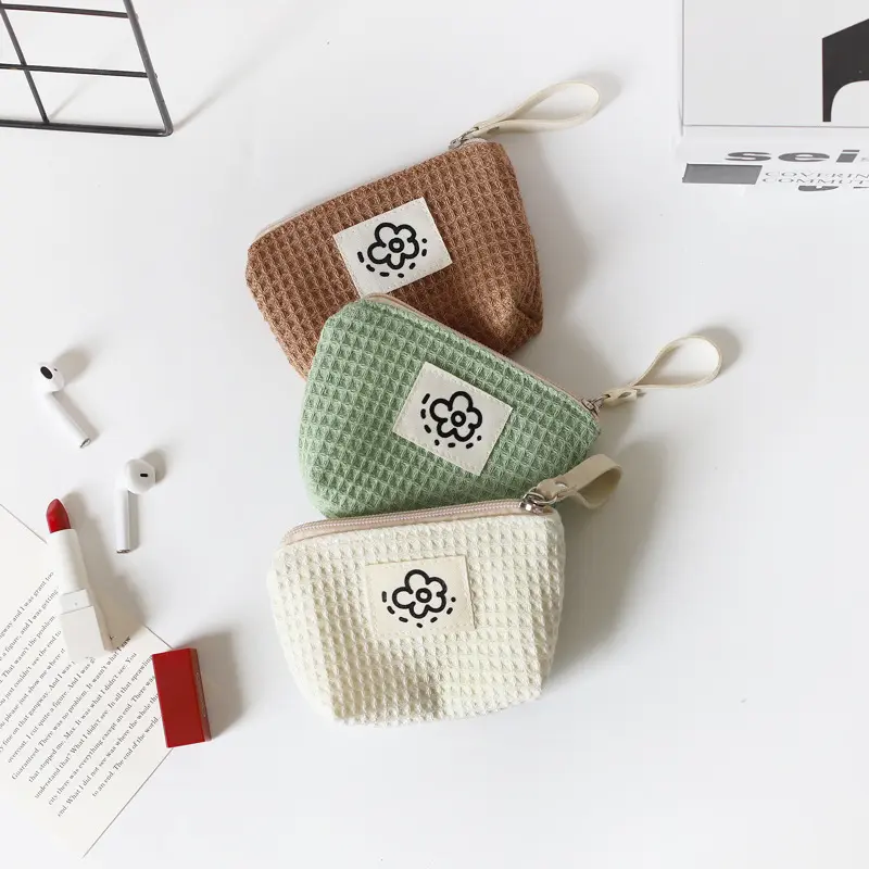 Waffle-Jacquard Makeup Bag - Brown, Green, or White/Cream Compact Storage Pouch - Back-to-School Backpack Essential