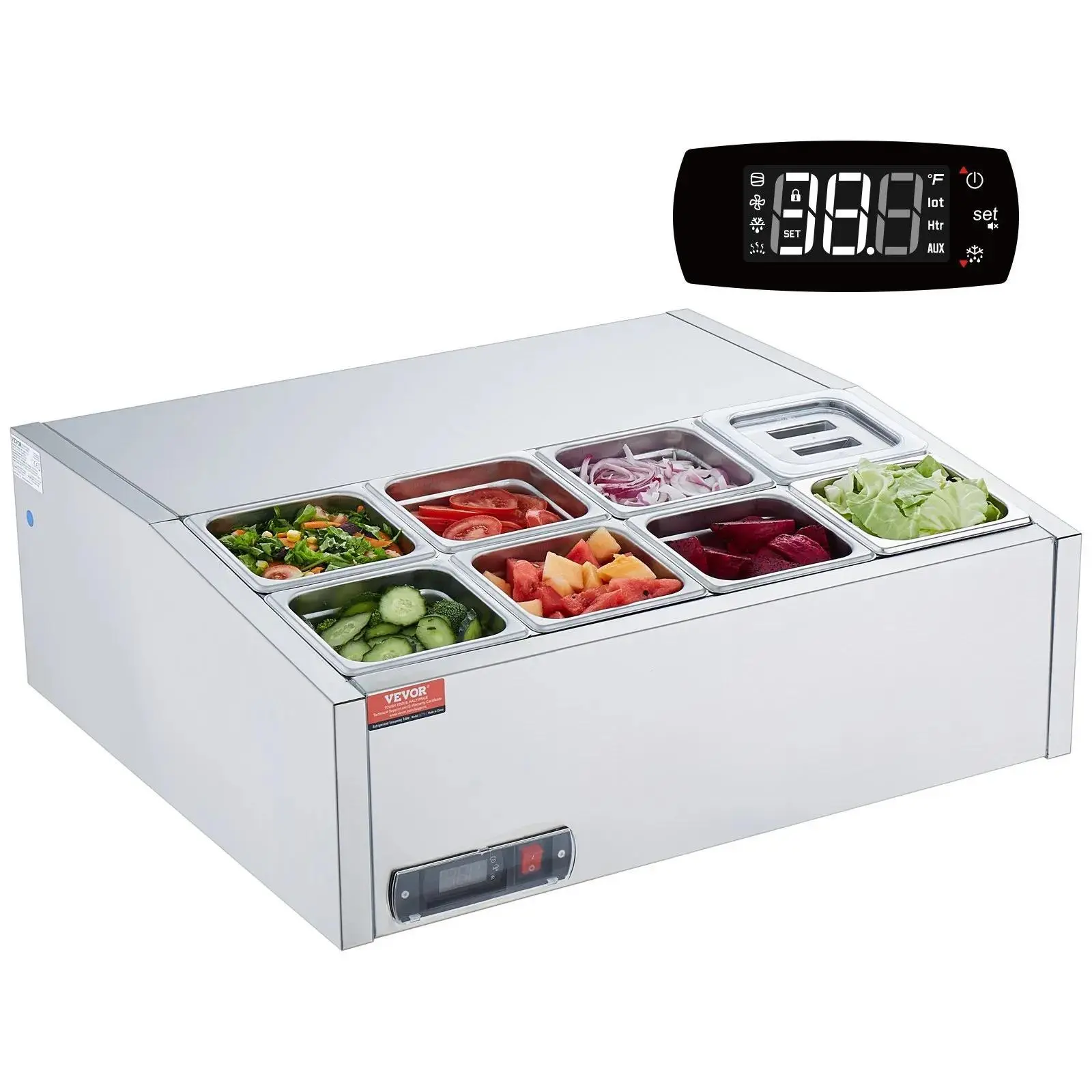 【Backtoschool】VEVOR Refrigerated Condiment Prep Station,  140 W Countertop Refrigerated Condiment Station, with 8 1/6 Pans, 304 Stainless Body and PC Lid, Sandwich Prep Table with Stainless Steel Guard, ETL, Refrigerated Food Dispenser, Kitchen Household