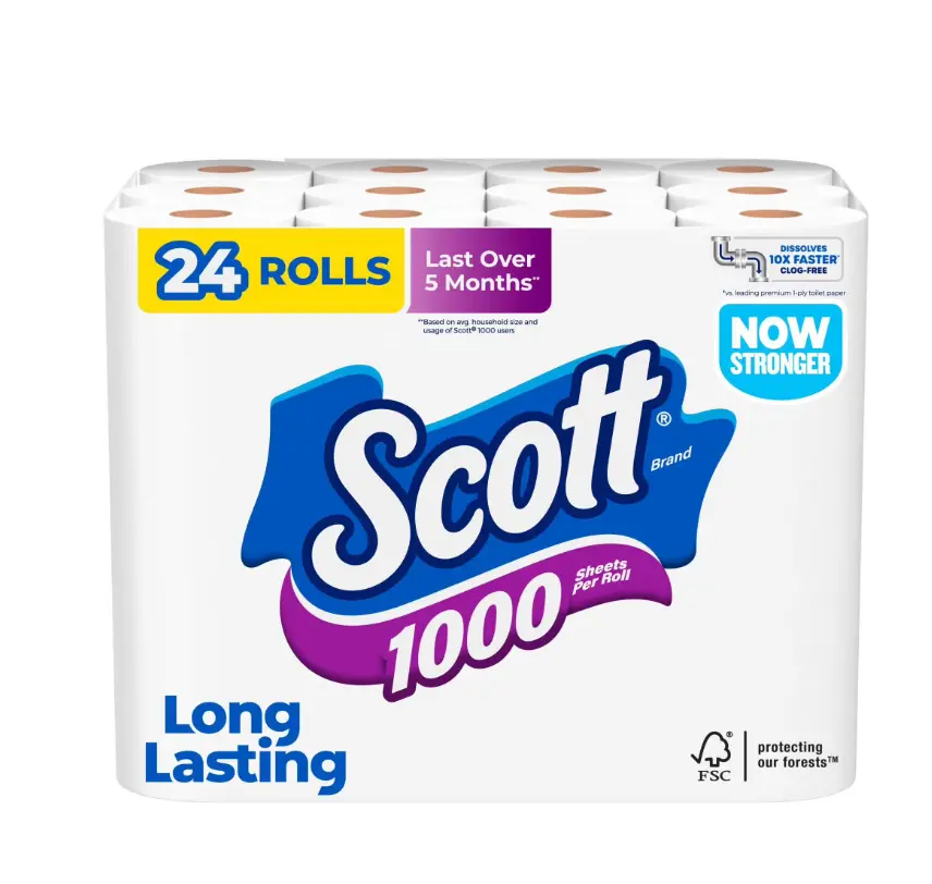 Scott 1000 Toilet Paper, 24 Rolls, 1,000 Sheets per Roll