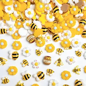 100PCS Cartoon Resin Bee Flower Nail Charms 3D Kawaii Creative Honey Can Nail Decors DIY Keyboard Phone Case Nail Ornaments