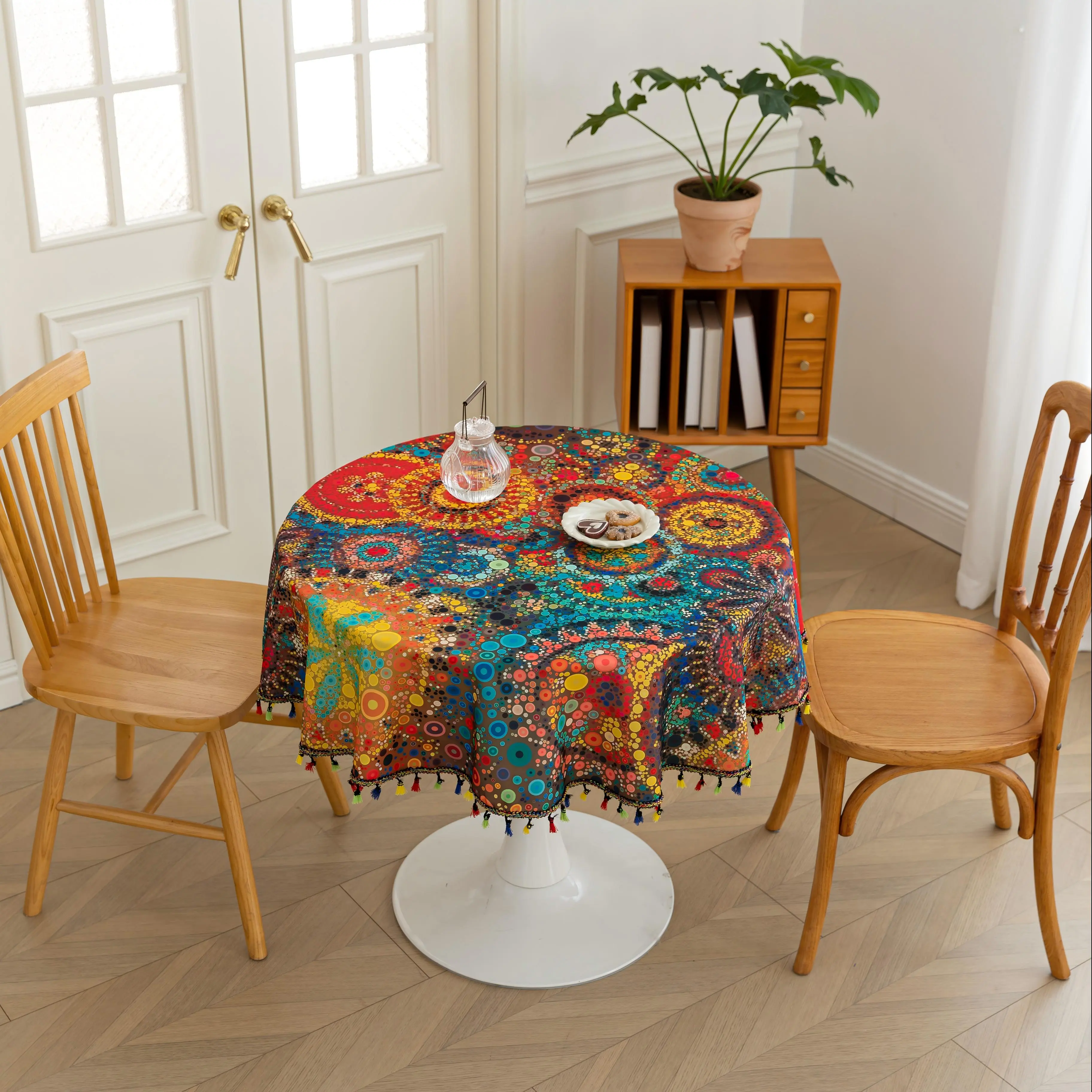 Erbnaryx Boho Round Tablecloth - Fringed Edge, Geometric & Farmhouse Floral Patterns, Colorful Dot Design, Decorative Cover for Kitchen Dining Room & Farmhouse Rectangular Tables, Farmhouse Rectangular Table