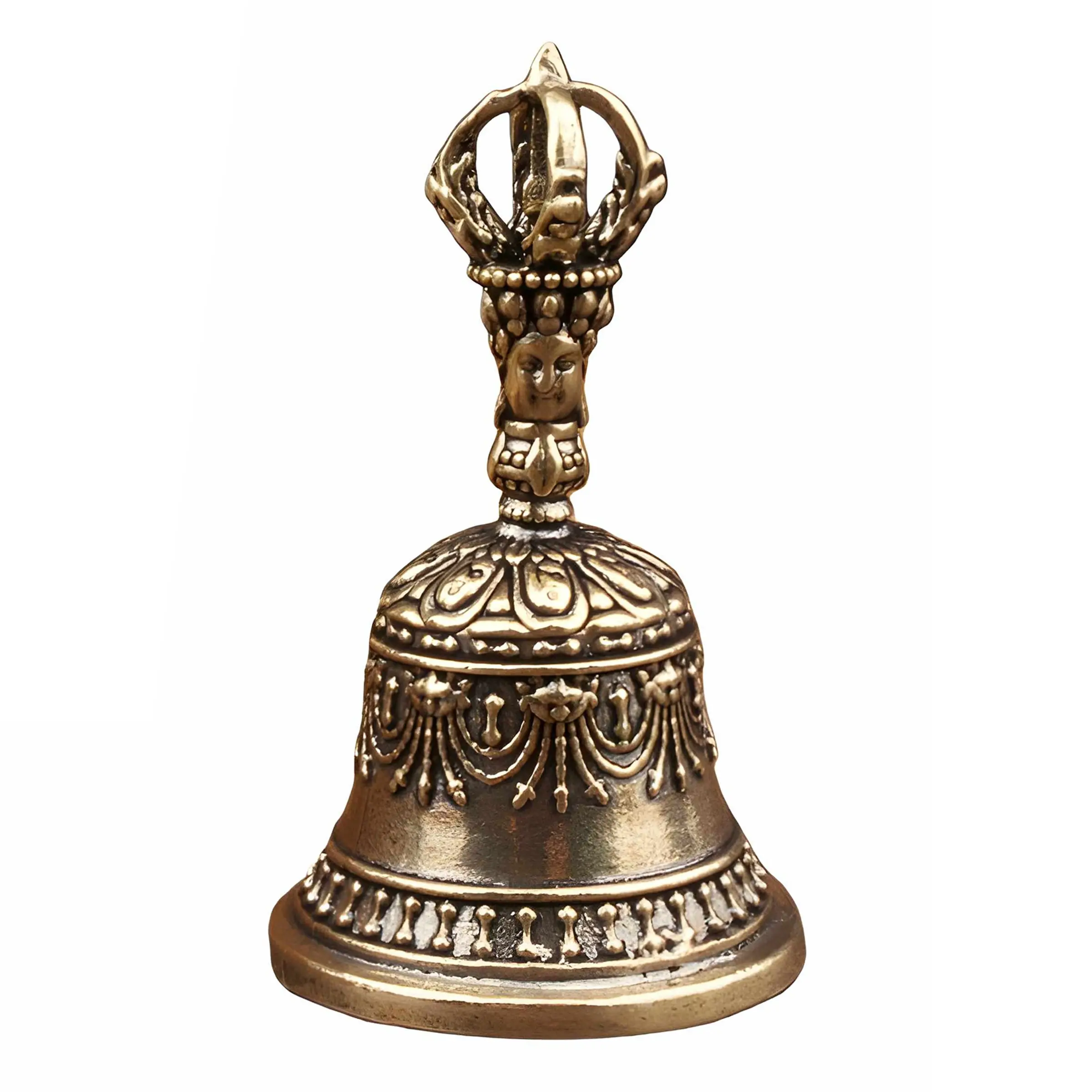 Vintage Brass Bell Ornament, Detailed Tibetan Relief Craftsmanship, Heavy Copper Color, Perfect Desktop Blessing Decor, Desktop Decorative Ornament, Charm Accessory, Office Desktop Ornament, Home Decor Ornament, Decoration