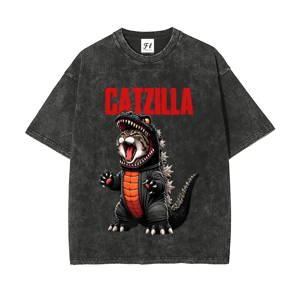 Men's Oversized Short-Sleeve Cotton T-Shirt - Unisex Vintage Washed Comfortable Catzilla Godzilla Cat Graphic, Men's Graphic Tees, Vintage T-Shirts, Everyday Wear