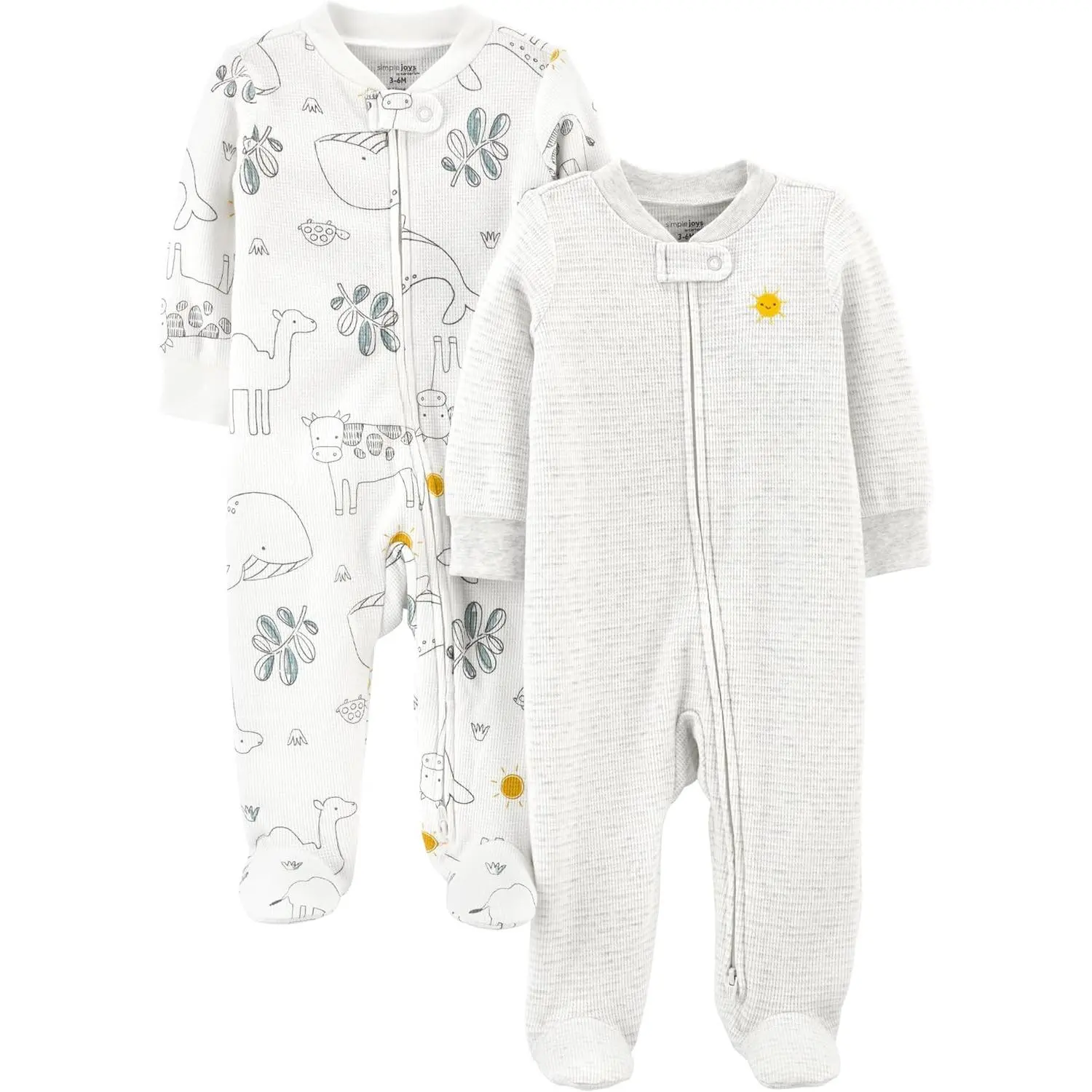 Simple Joys by Carter's Unisex Baby Breathable Fleece 2-way Zip Thermal Sleep and Play with Snug Footies, CPSIA Labeled, Animals/Suns Playful Prints, Pack of 2, Soft Fabric