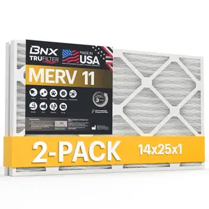BNX TruFilter 14x25x1 Air Filter MERV 11 (2-Pack) - MADE IN USA - Allergen Defense Electrostatic Pleated Air Conditioner HVAC AC Furnace Filters for Allergies, Dust, Pet, Smoke, Allergy MPR 1200 FPR 7
