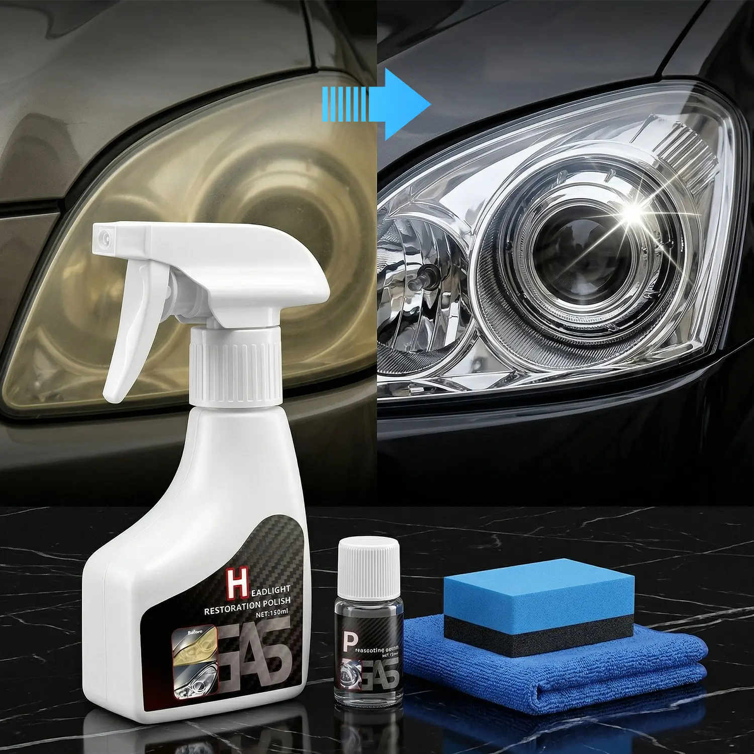 Automotive Headlight Restoration Kit with Oxidized Lens Cleaner Fluid - Hydrophobic & Enhanced Hydrophobic Coating, Paint Car Polishes, Durable Repair Kit for Car Owners, Cloudy Lens Fix, All Vehicle Types
