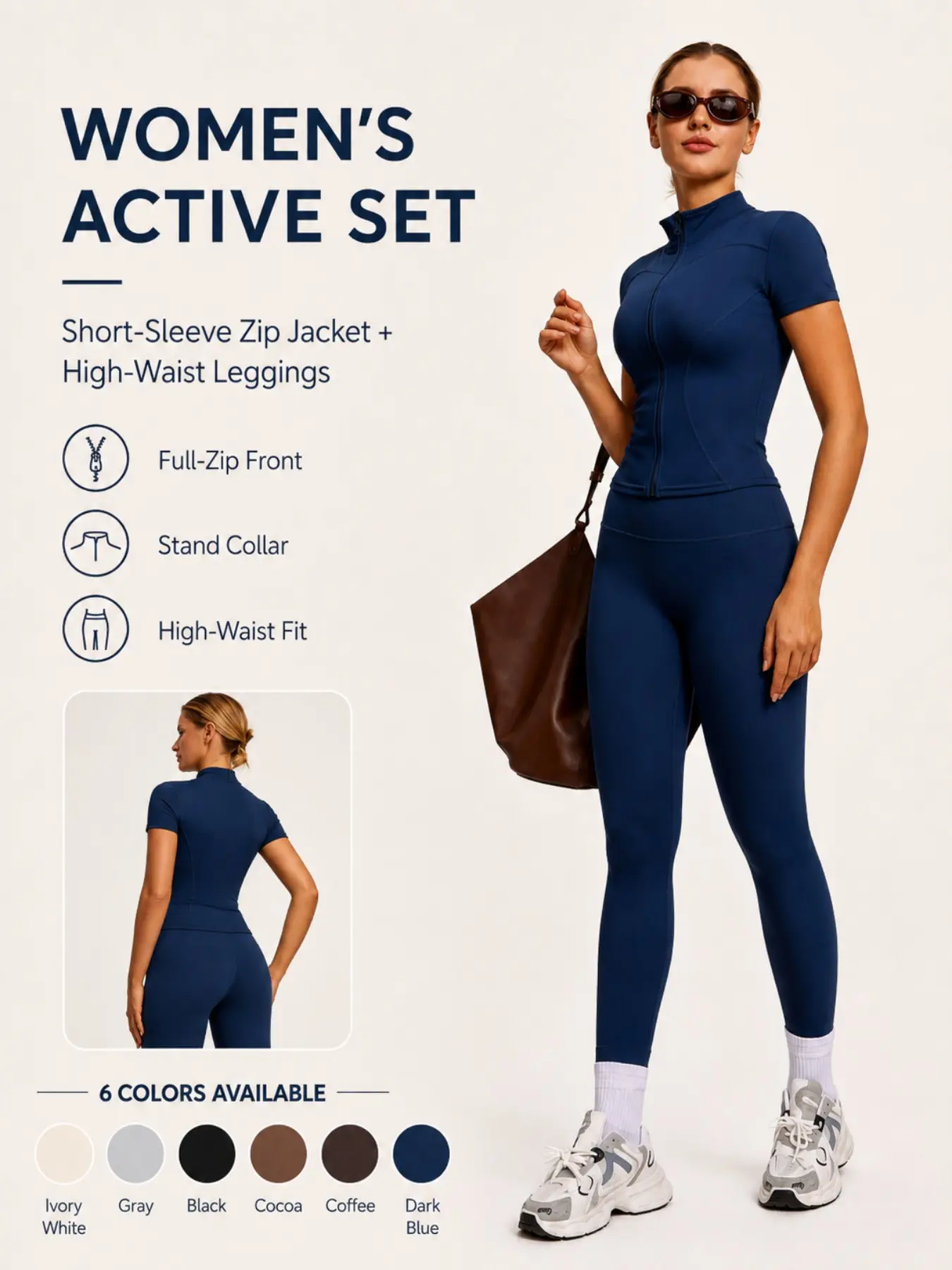 Women's Two-Piece Sportswear Set, Zipper Stand Collar Short Sleeve Top & High Waist Yoga Pants, Soft Skin-Friendly Fitness Clothes, Exercise Clothing Set, Fitness Outfit, Activewear Set