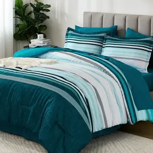 Teal Queen Comforter Set 7 Pieces, Blue Boho Striped Bed in a Bag Queen Size Soft Microfiber All Season Bedding Set with Comforter, Sheets, Pillowcases & Shams