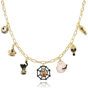 Halloween Necklace for Women, Nightmare before Christmas Horror Party Charm Choker Necklace, Pumpkin Ghost Bats Cat Spider Skull Coffin Eyeball Necklace, Halloween Costume Party Jewelry Gifts pendant daily Cross Pendant with Rotatable Crown