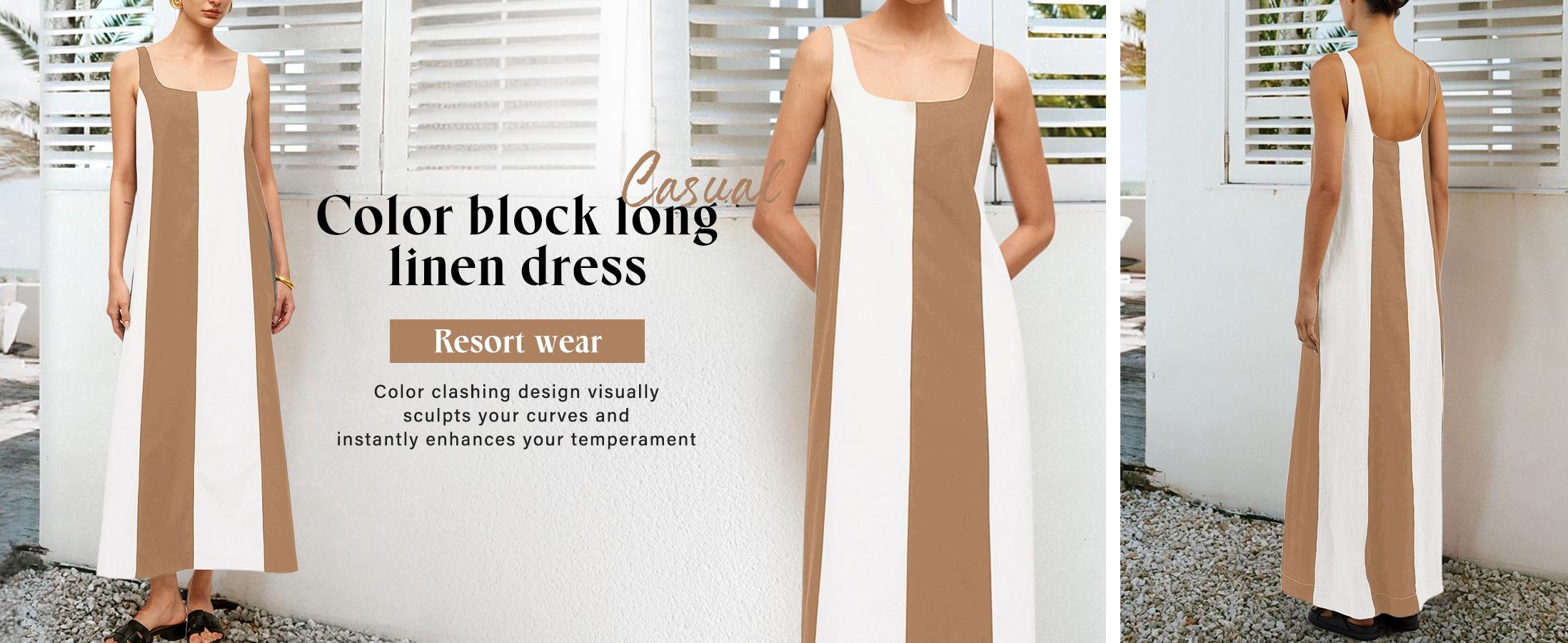 CHARTOU Women Summer Sleeveless Linen Dress Contrast Color Maxi Long Beach Vacation Tank Dress Cotton Linen Casual Dress