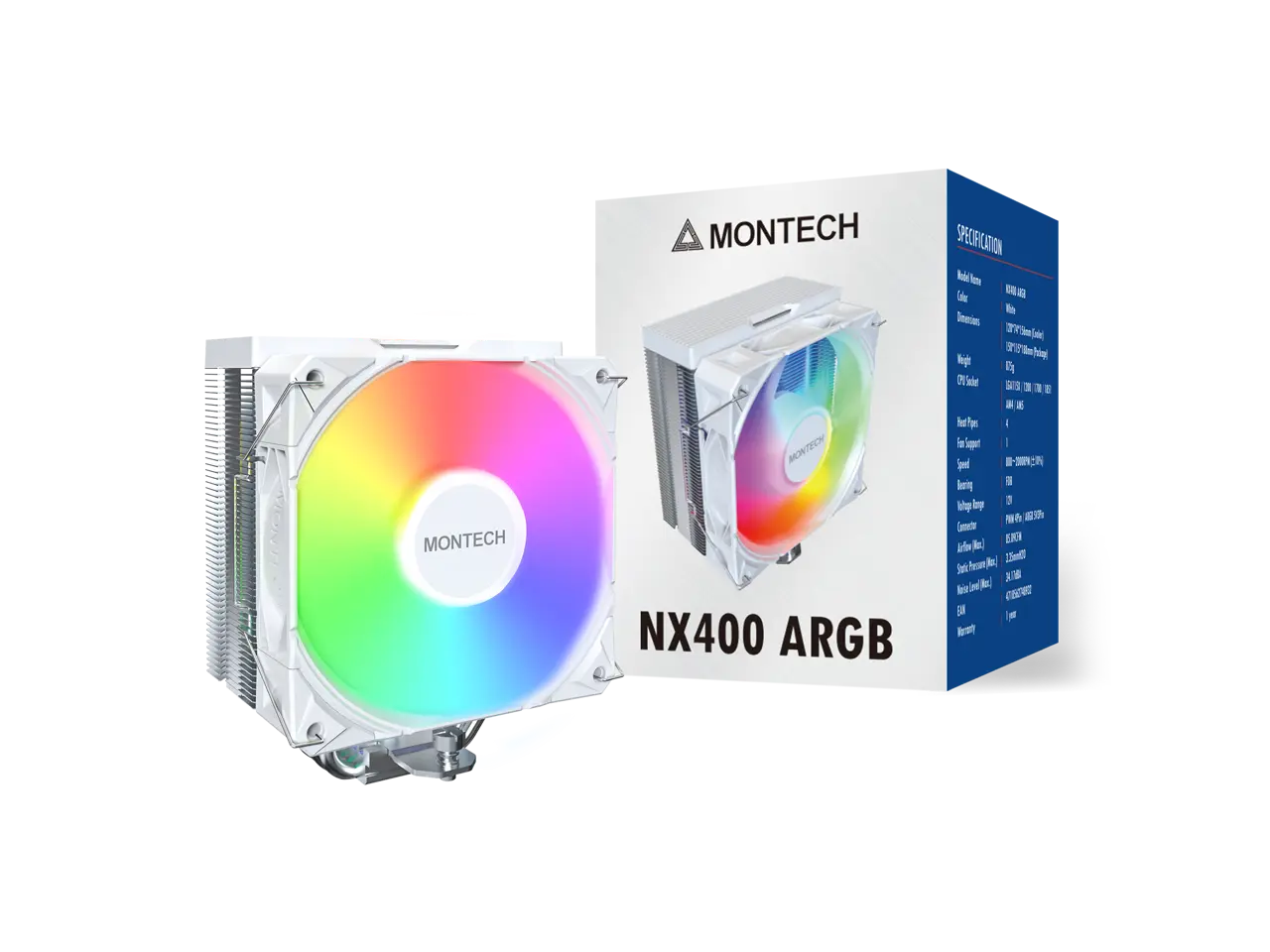 MONTECH NX400 ARGB - CPU Air Cooler, Single Tower, 4 Advanced Heat Pipes, 52-fin Heat Sink, E28, 120mm FDB Static Pressure Fan, 28mm Fan Thickness, Polished Top Cover, ARGB Lightning - White
