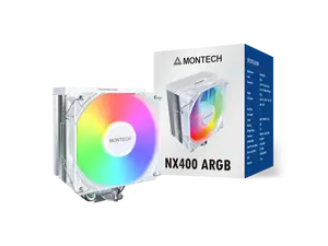MONTECH NX400 ARGB - CPU Air Cooler, Single Tower, 4 Advanced Heat Pipes, 52-fin Heat Sink, E28, 120mm FDB Static Pressure Fan, 28mm Fan Thickness, Polished Top Cover, ARGB Lightning - White