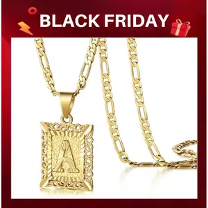 Initial Letter Pendant Necklace for Men Womens, 14K Gold Plated Square Capital Monogram Necklace Alhpabets from A-Z Figaro Chain Necklace TikTokShopBlackFriday