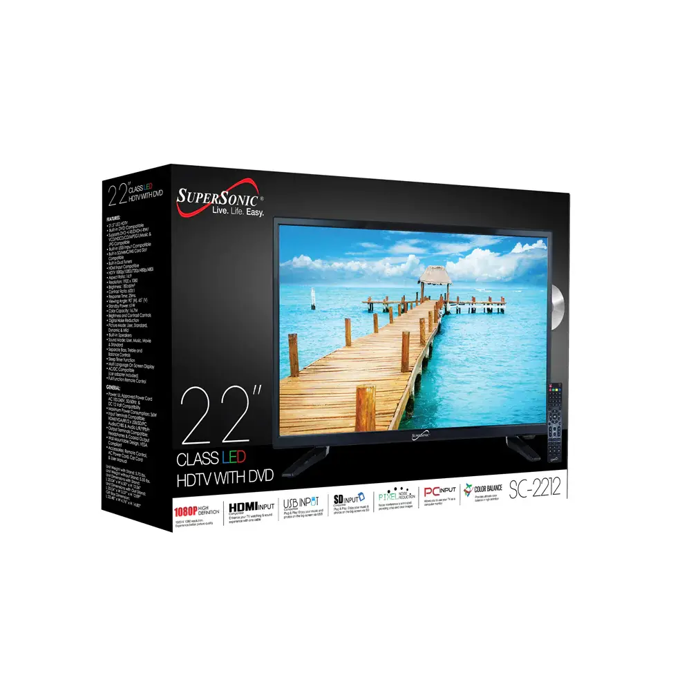 Supersonic SC-2212 22-Inch Full HD LED TV with 1080p Quality, Built-in DVD Player, HDMI, USB, PC Monitor, AC/DC Compatibility, Better Contrast, Color Accuracy - Ideal for RV & Kitchen Use