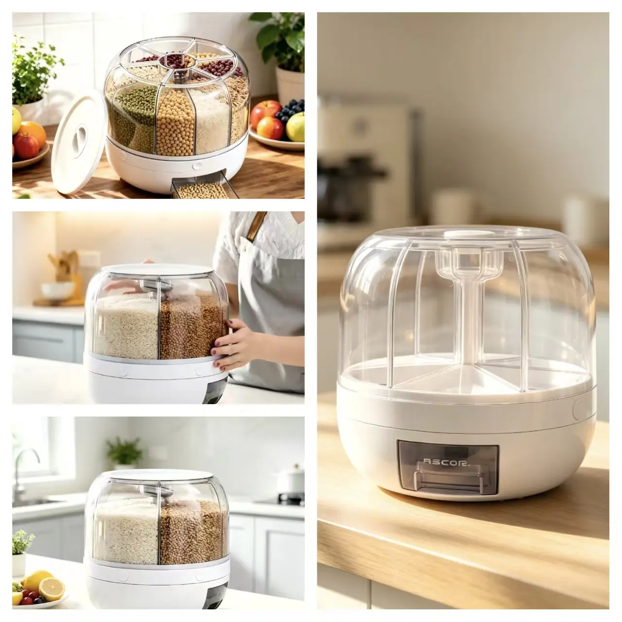 Clear 6-Section Rotating Storage Container with 360° Rotation, Airtight Lids Keep Dry Food Fresh – Ideal for Rice, Mung Beans, Lentils & Mixed Grains (1 Pack)