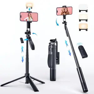 Quntis 360° Panoramic Phone Tripod Stand with Remote Light Portable Gimbal Grip & Adjustable Handle for Video Recording Live Streaming Photography Stable Aluminum Design