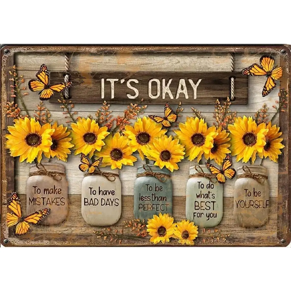 It'S Okay To Make Mistakes, Vintage Metal Tin Sign Sunflowers Bouquet Bottle Wooden Style Vintage Iron Plaque For Home Kitchen Garden Yard Cafes Wall Decor