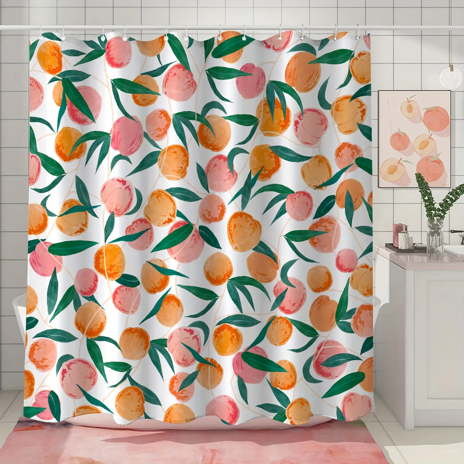 HOT Peach Shower Curtain  Allover Fruits Cute Bright Colorful Design Waterproof Fabric Bathroom Curtains Set with 12 Hooks  Peachy Pink 72×72 inch